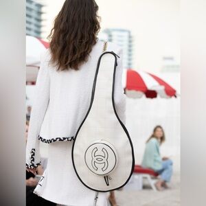 Chanel 23c RARE tennis racquet holder shoulder bag with pouch and slots ivory